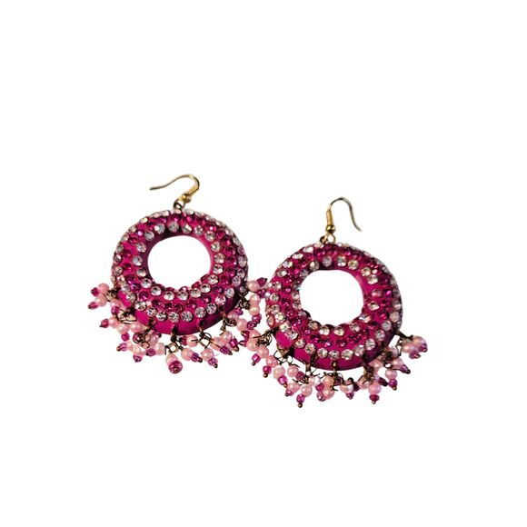 2" Wooden Fuchsia Pink Drop Dangle Earrings With Rhinestones - New - Picture 2 of 3